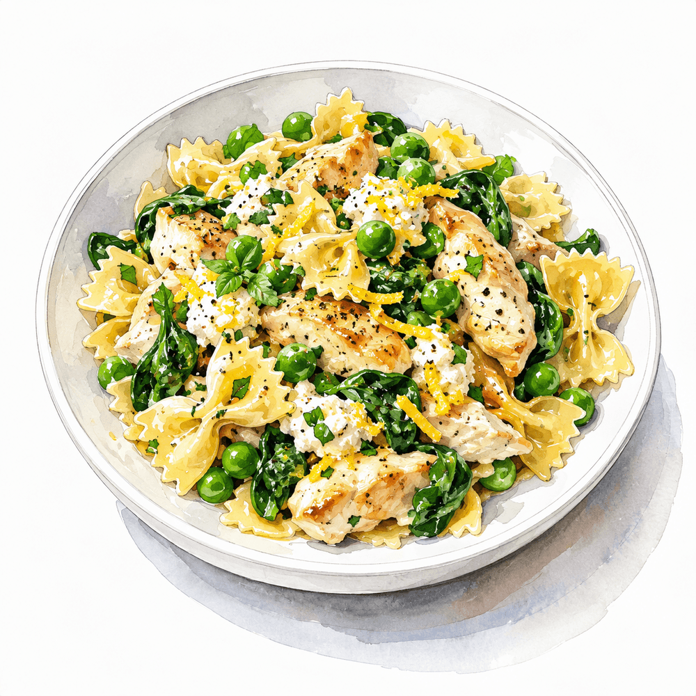 Lemon chicken and pea farfalle with spinach and ricotta