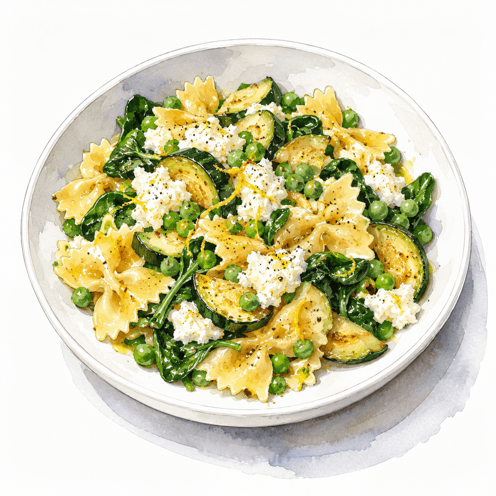 Lemon courgette and pea farfalle with spinach and ricotta (v)