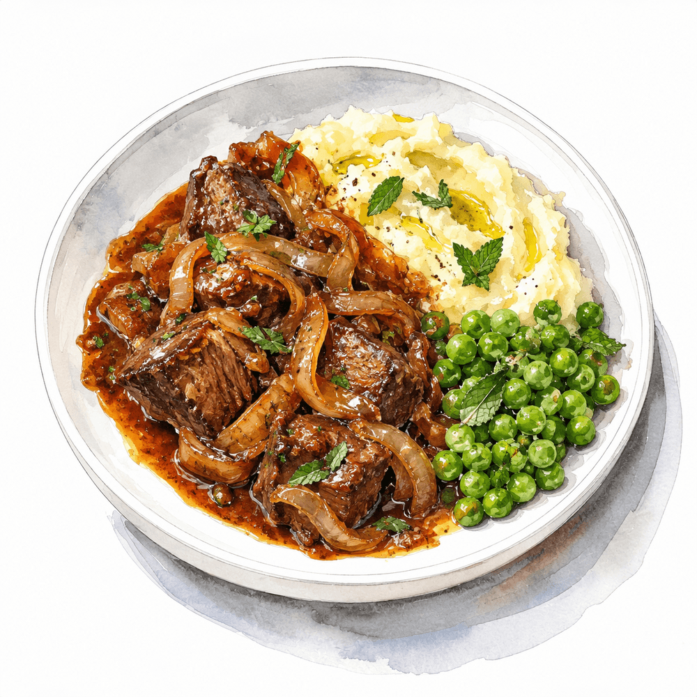 Slow braised beef with caramelised onions, olive oil mash and minted peas