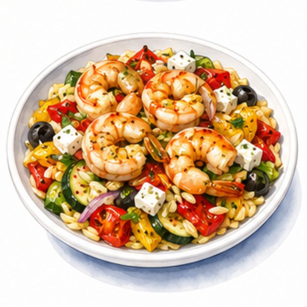 Mediterranean roast vegetable and orzo salad with garlic prawns, feta, olives and lemon dressing