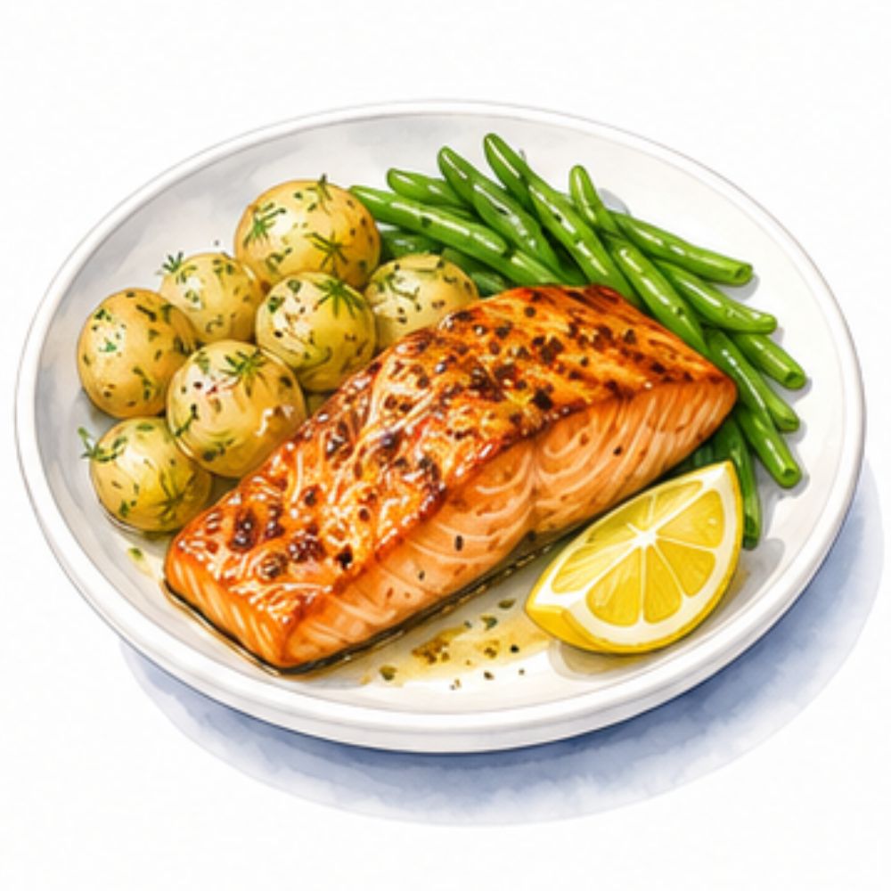 Dijon roast salmon with lemon and dill new potatoes and steamed beans