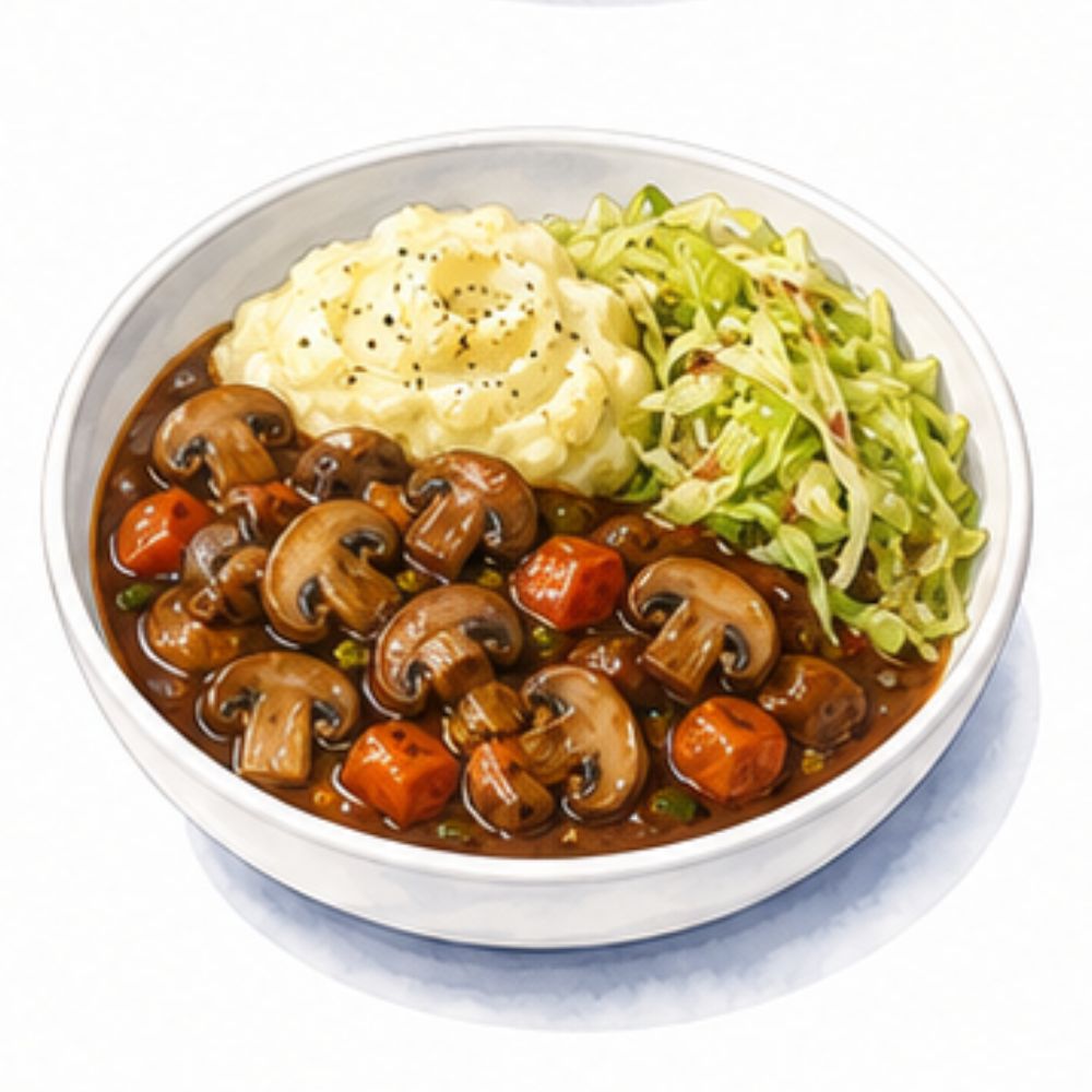 Slow cooked mushroom stew with sauteed cabbage and buttery mashed potatoes (v)