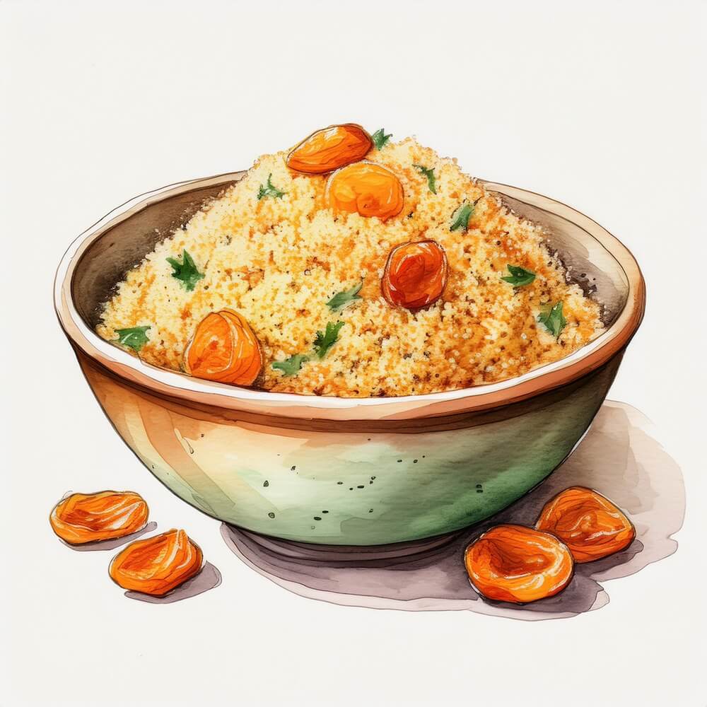 Watercolour sketch of a bowl of apricot couscous