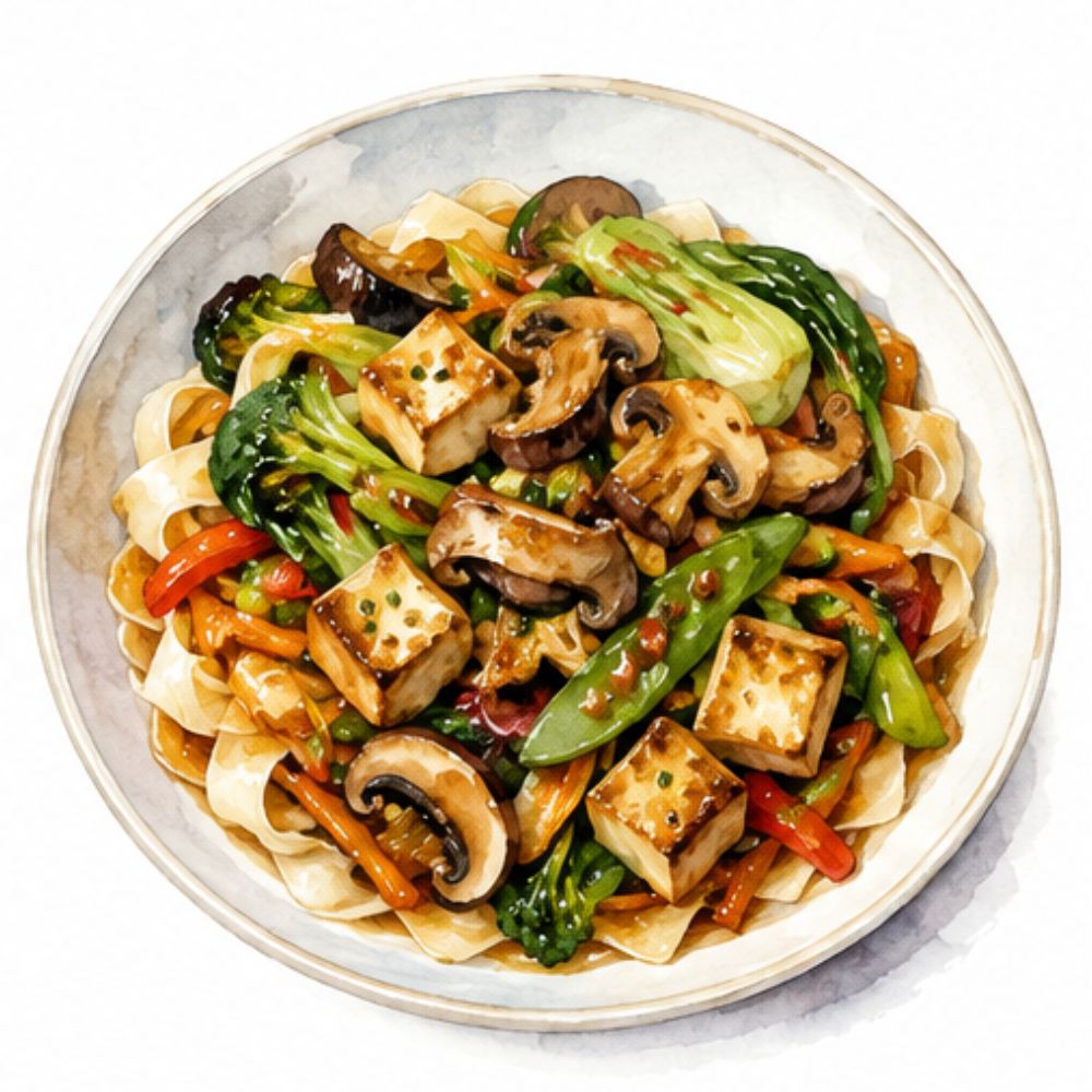Asian mushrooms and tofu with rice noodles and soy sauteed vegetables (v) (gf)
