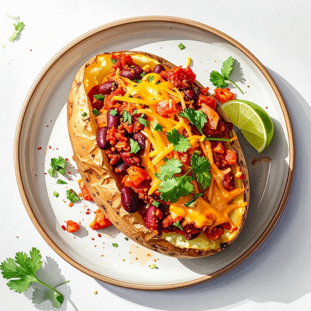 Jacket potato with Mexican three bean chilli and mature cheddar cheese (gf) (v)