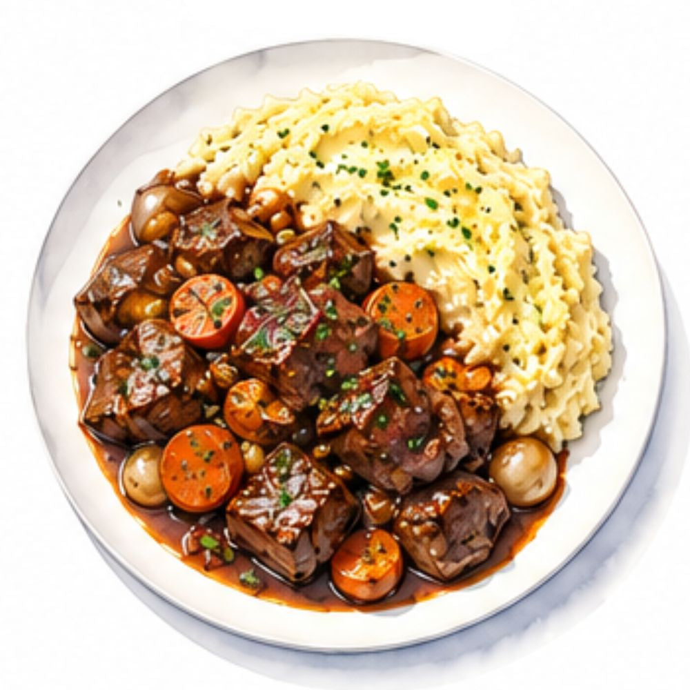 Beef bourguignon with onions, carrots and butter mashed potatoes (gf)