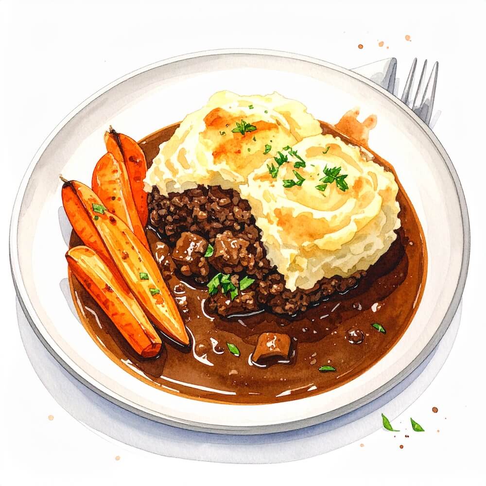 Classic beef cottage pie with roast carrots (gf)
