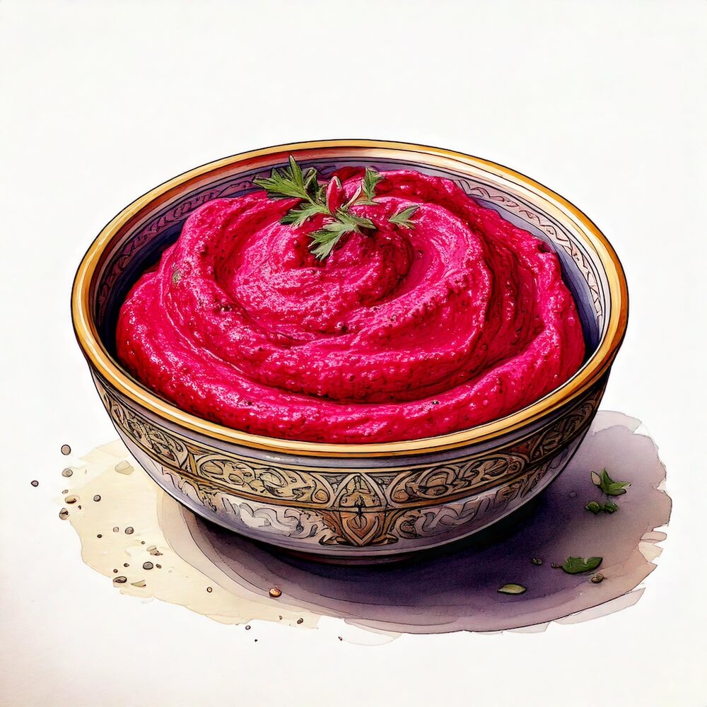 Watercolour sketch of a bowl of beetroot hummus