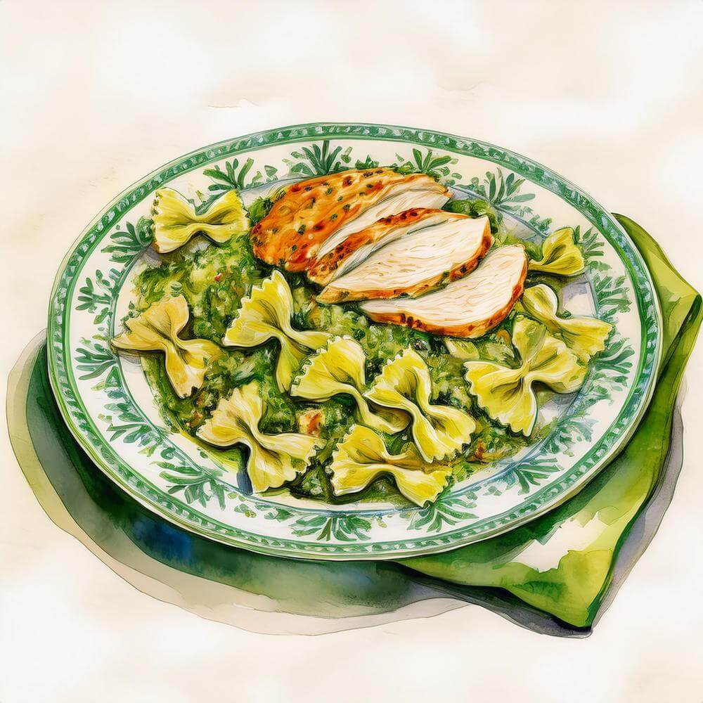 Watercolour sketch of a green and white ornate plate with pesto chicken salad with farfalle and summer vegetables