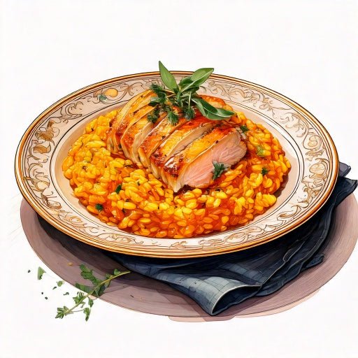 Watercolour sketch of a plate of creamy butternut squash and sage risotto topped with charred chicken breast