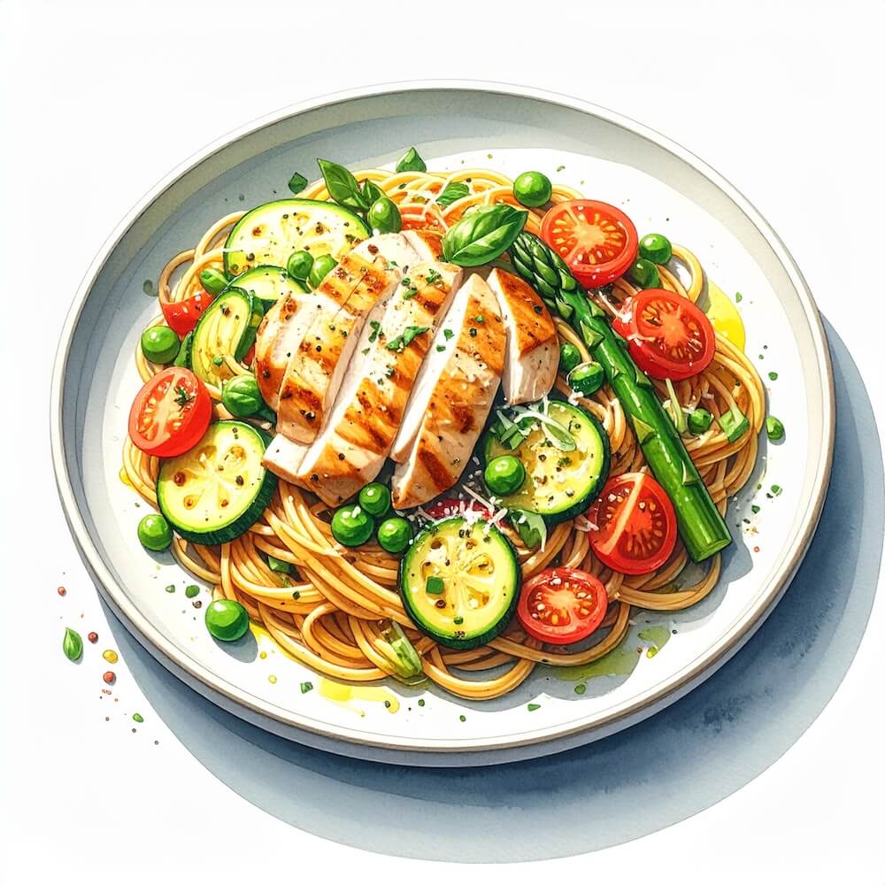 Spaghetti primavera with spring veg, topped with charred chicken breast and parmesan