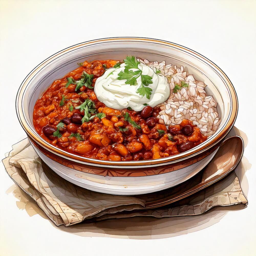 Watercolour sketch of a bowl of chilli con carne with kidney beans, herbed rice and a mint yogurt