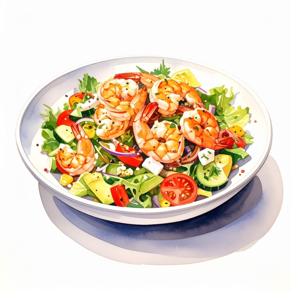 Classic chopped salad topped with grilled prawns (gf)
