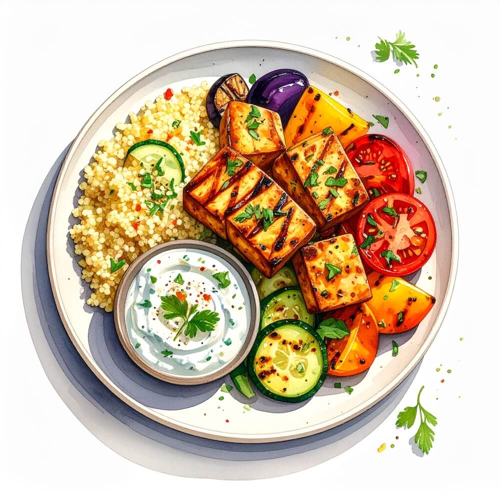 Greek halloumi with roast vegetables, herbed couscous and tzatziki (v)