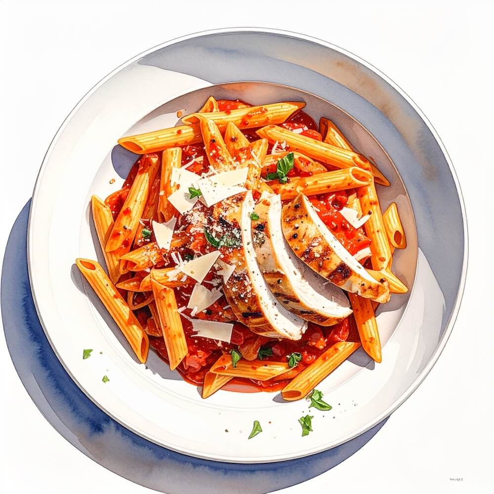 Penne arrabbiata with grilled chicken and parmesan