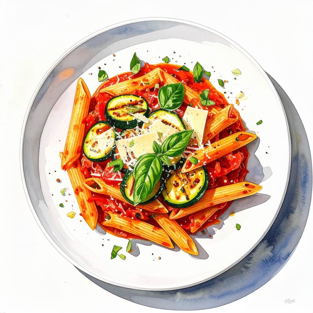Penne arrabbiata with grilled courgette and parmesan (v)