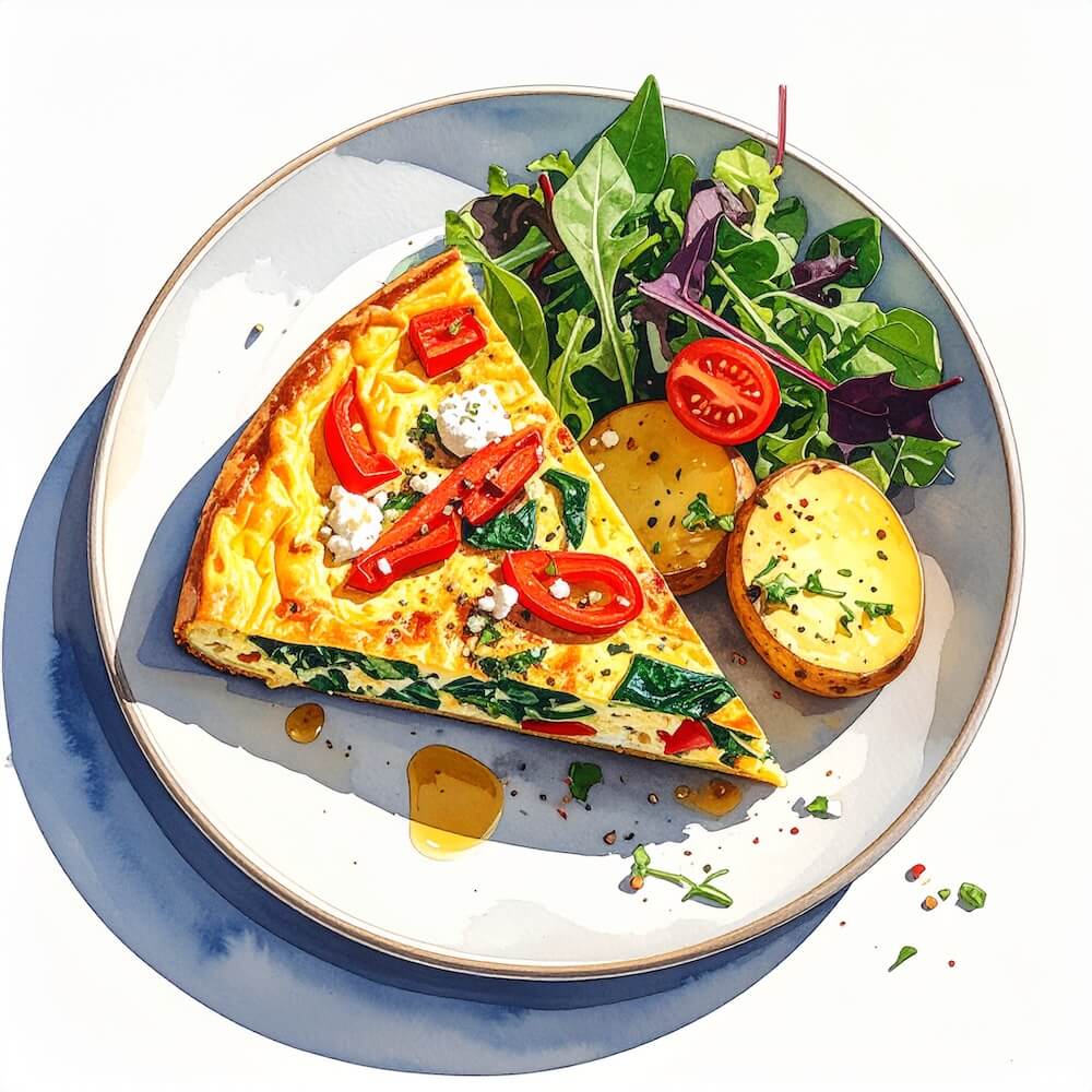 Roast pepper, feta and spinach frittata with potato salad and leaves (v) (gf)