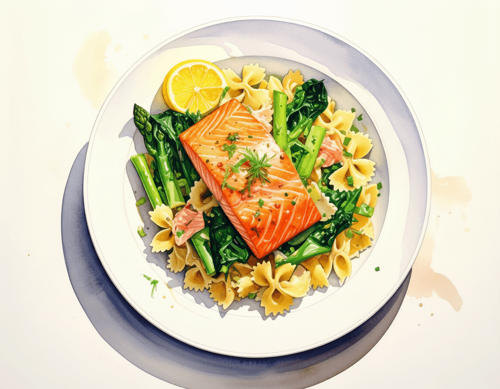 Spring salmon pasta with farfalle, garden greens and lemon