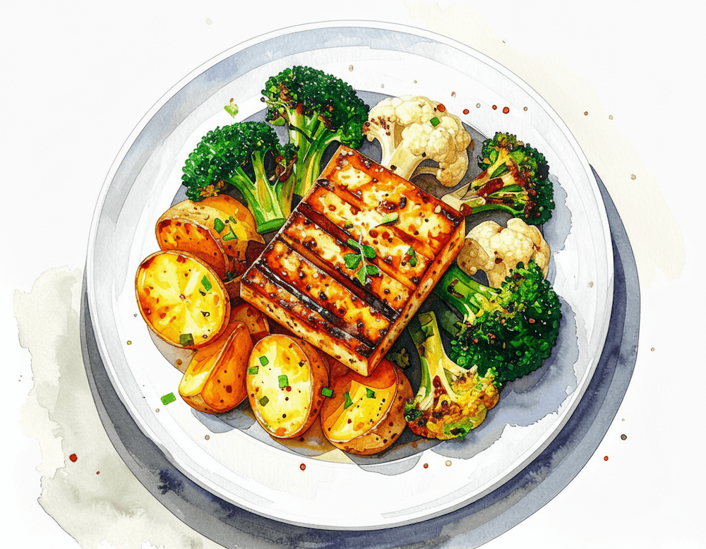 Chargrilled tofu with homestyle potatos and mixed roast vegetables (v) (gf)