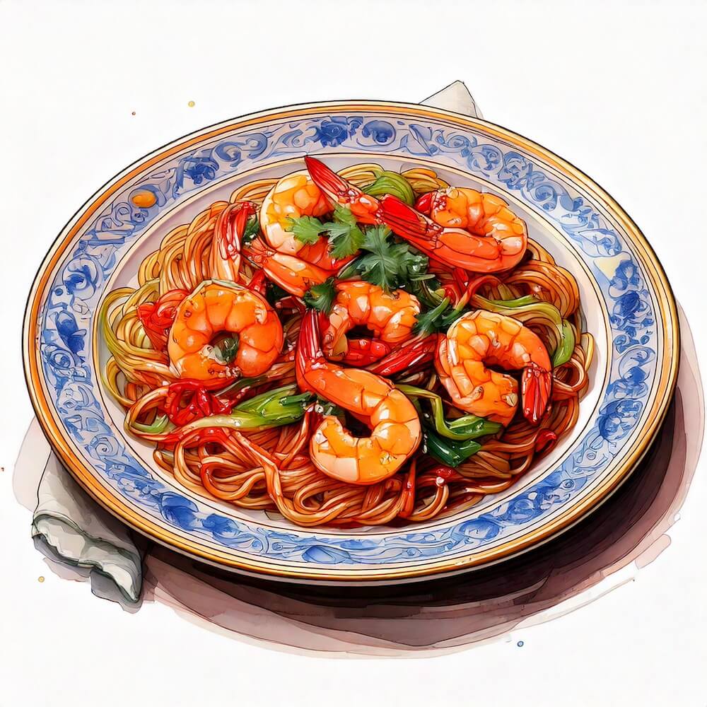 Watercolour sketch of a plate of garlic prawns with soy sautéed vegetables, spring onion fried noodles and coriander