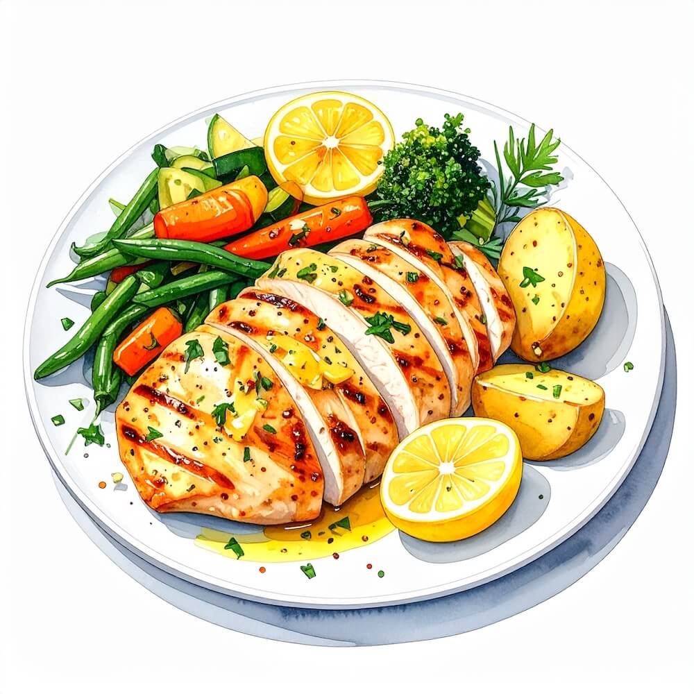 Lemon and garlic roast chicken breast, summer vegetables and roast new potatoes (gf)