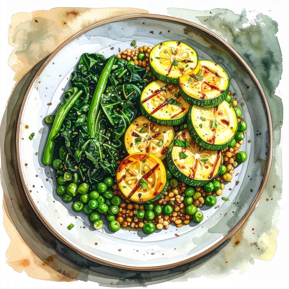 Lemon grilled courgette with cannellini beans, peas and wilted greens (gf)