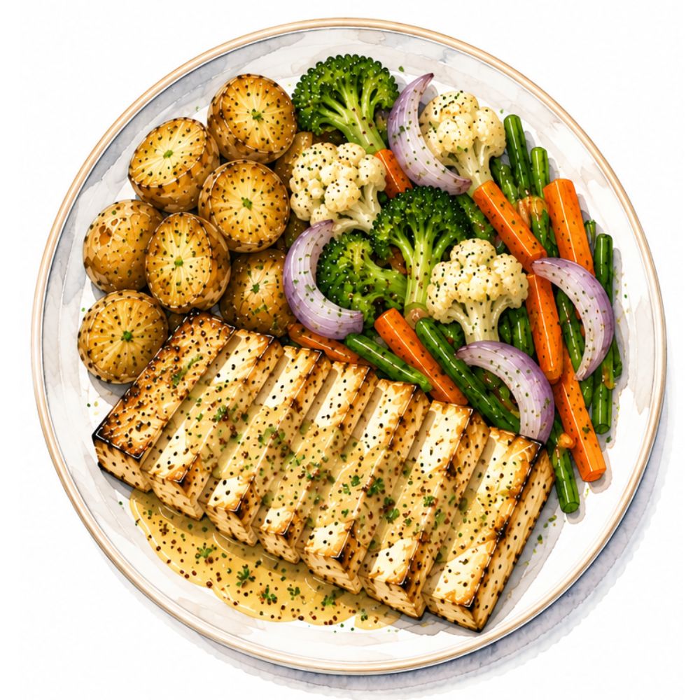 Grilled tofu with homestyle potatoes, steamed vegetables and a lemon mustard sauce (v) (gf)