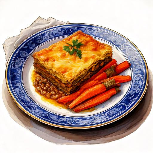Watercolour sketch of a plate of lentil, courgette and onion moussaka with olive oil and oregano roasted carrots