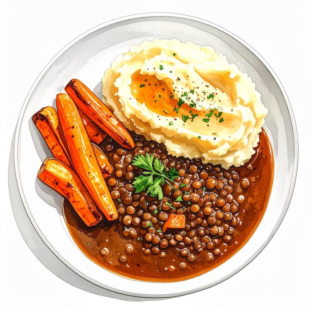 Lentil and vegetable cottage pie with roast carrots (gf) (v)