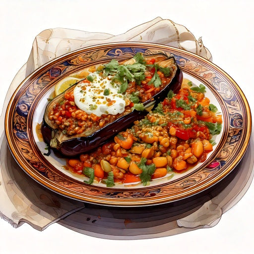 Lebanese lentil stuffed aubergine with chickpea vegetable medley and a tahini yoghurt (gf) (v)