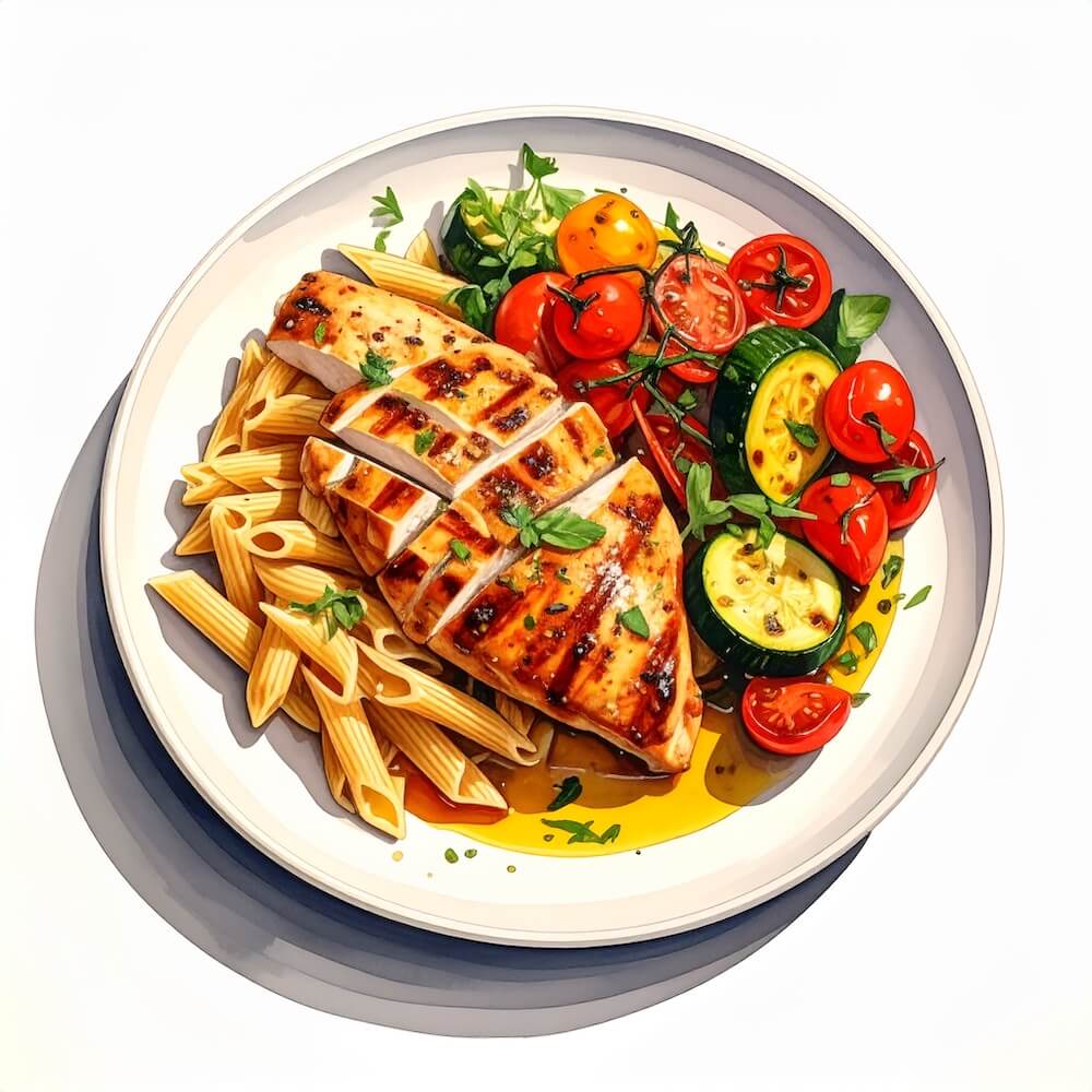 Mediterranean chicken with roast tomatoes, penne and sautéed vegetables