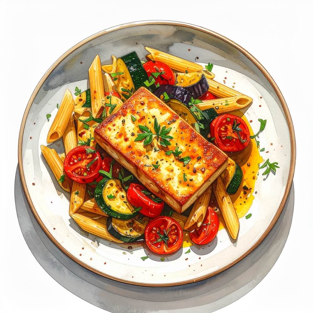 Mediterranean tofu with roast tomatoes, penne and sautéed vegetables (v)