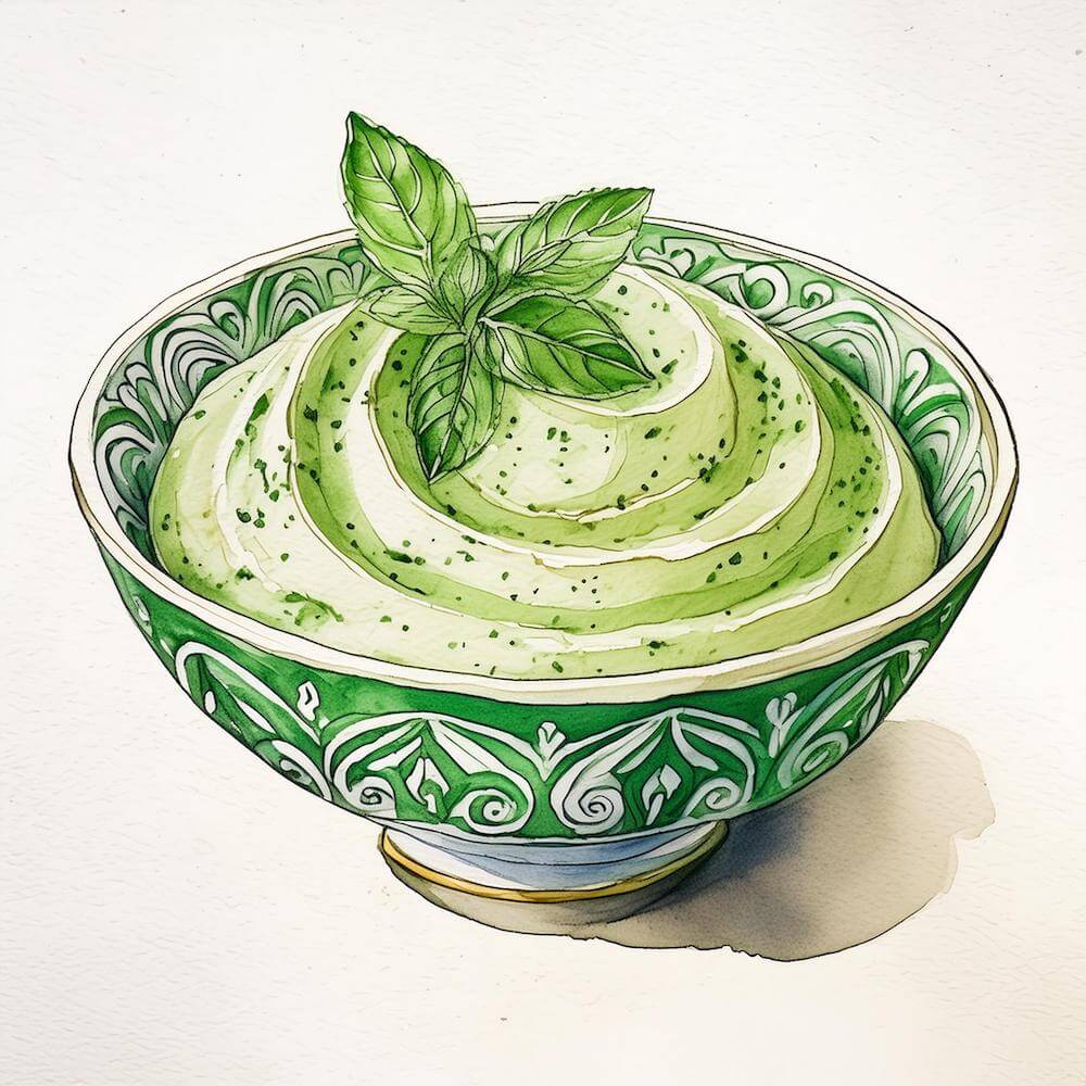 Watercolour sketch of a green and white ornate bowl containing fresh mint hummus with a sprig of mint leaves on top
