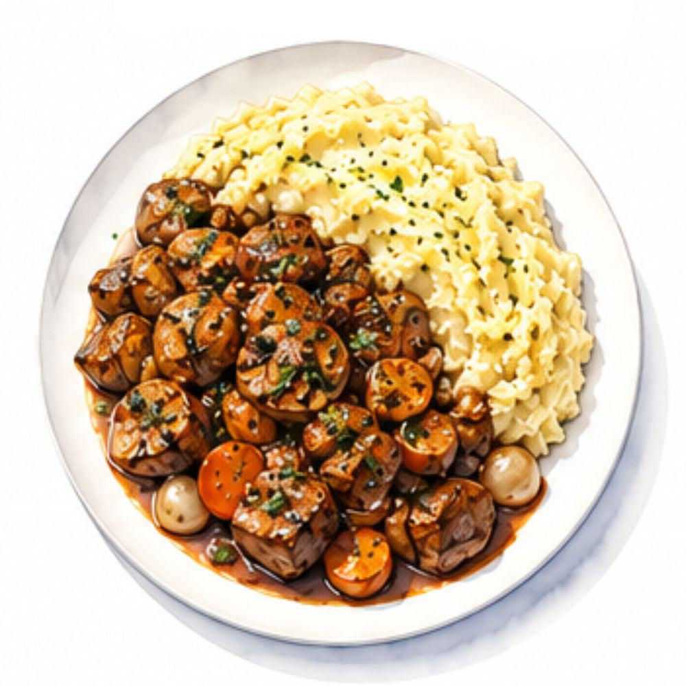 Mushroom bourguignon with onions, carrots and butter mashed potatoes (v) (gf)