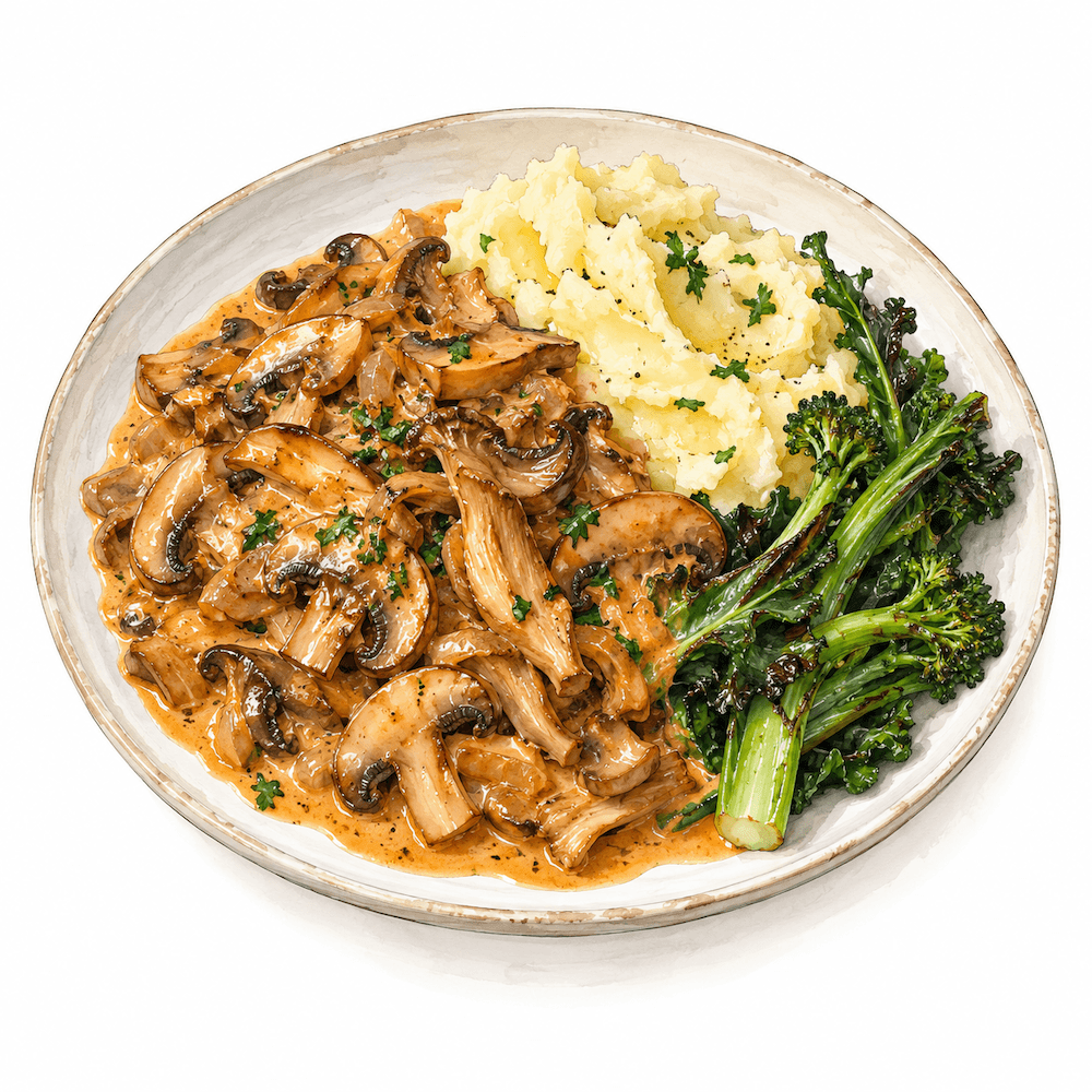 Mushroom stroganoff with garlic mash and charred greens (v) (gf)