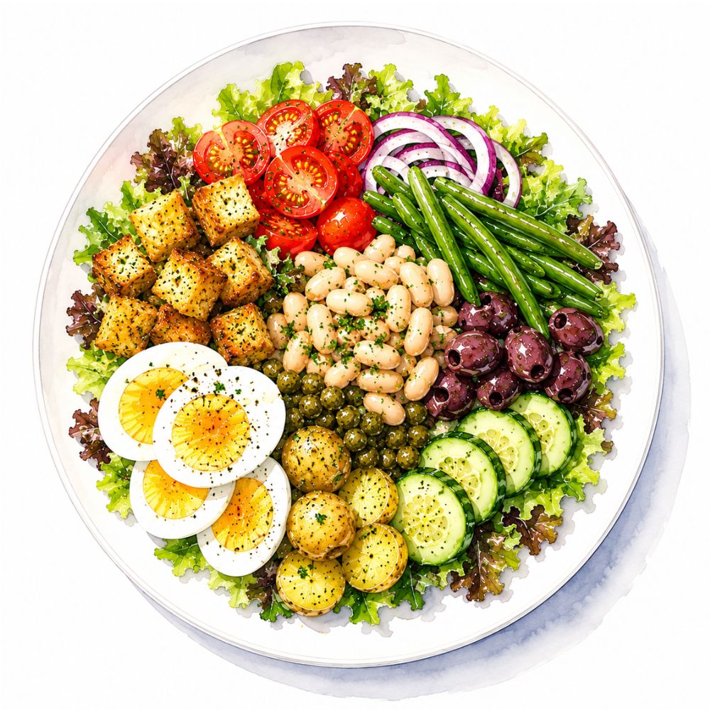 Classic Nicoise salad with boiled egg and garlic croutons (v)