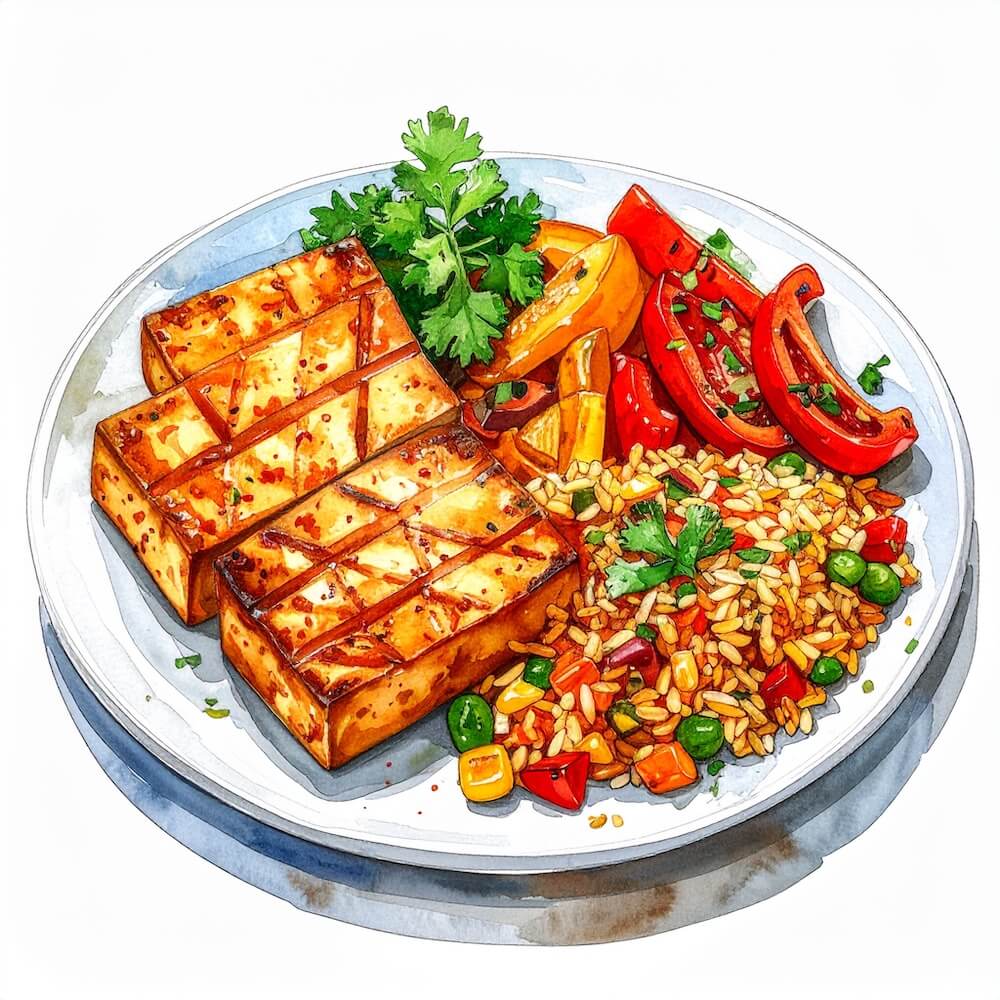 Paprika grilled tofu with vegetable rice and roast peppers (gf)