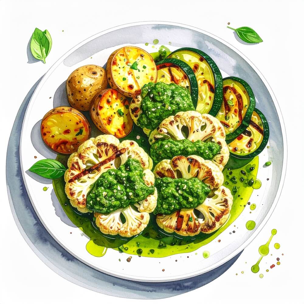 Pesto cauliflower with roast new potatoes and sauteed courgette (v) (gf)