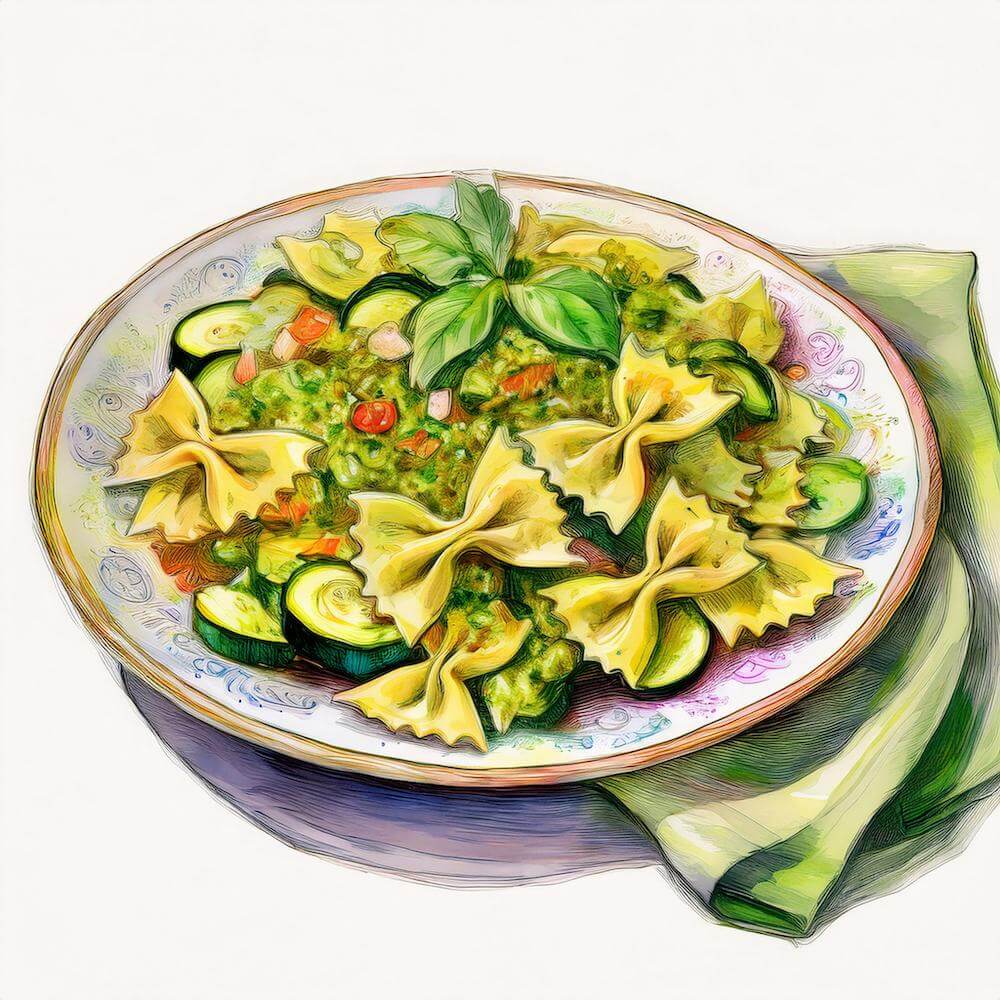 Watercolour sketch of a plate of pesto courgette salad with farfalle and summer vegetables