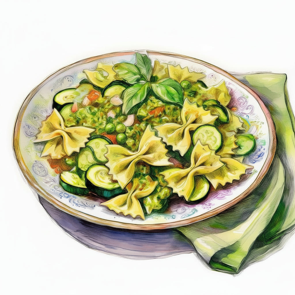 Watercolour sketch of a plate of pesto courgette salad with farfalle and summer vegetables