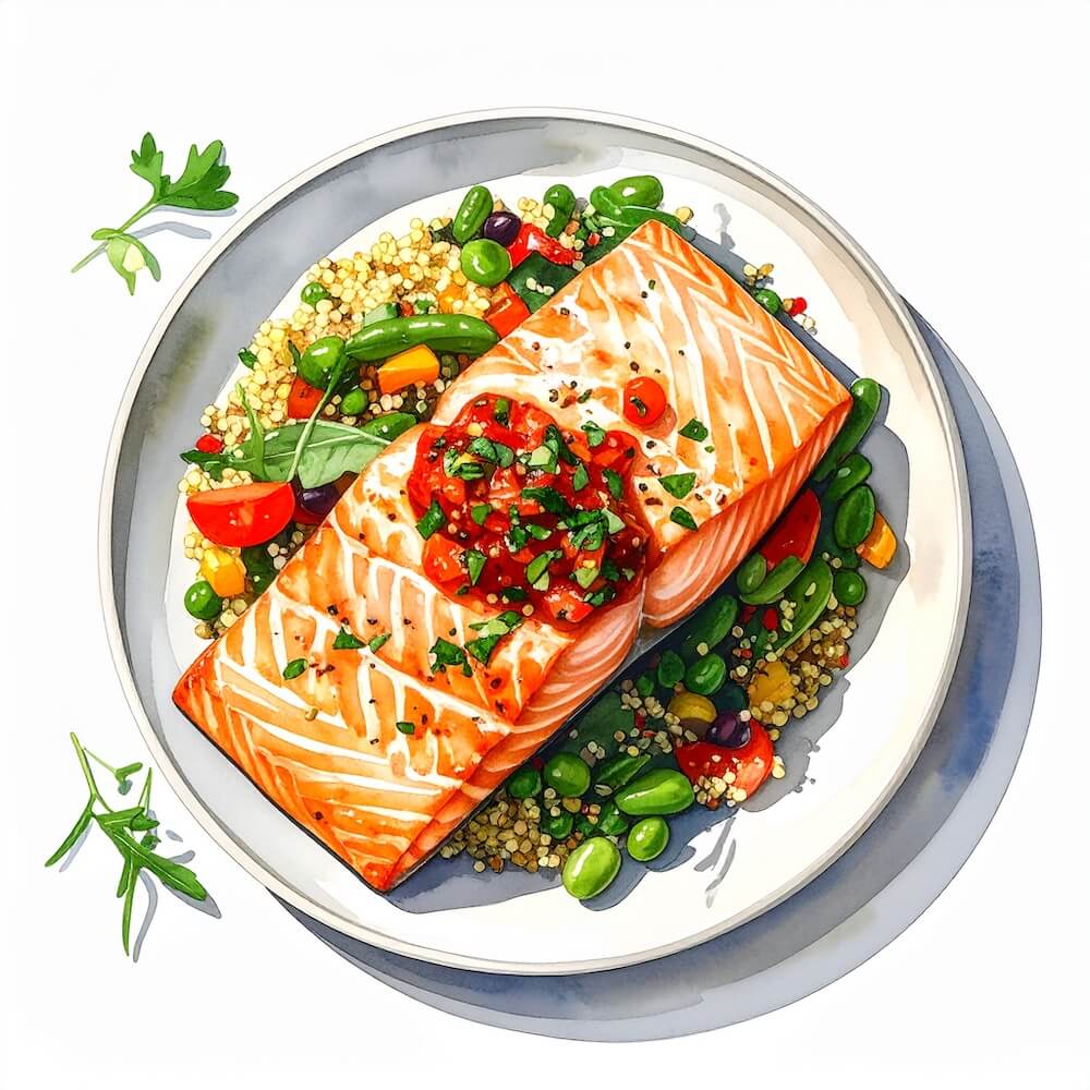 Poached salmon with broad beans, vegetable cous cous and salsa rojo