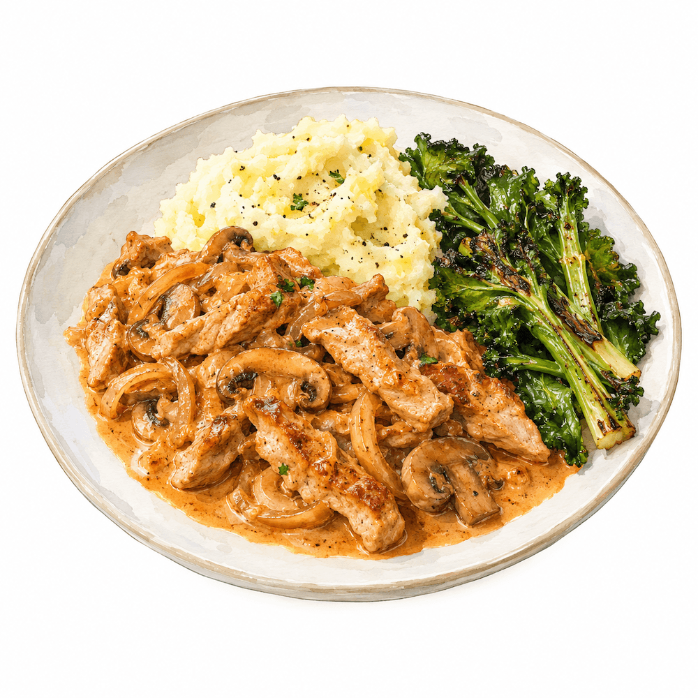 Pork stroganoff with garlic mash and charred greens (gf)