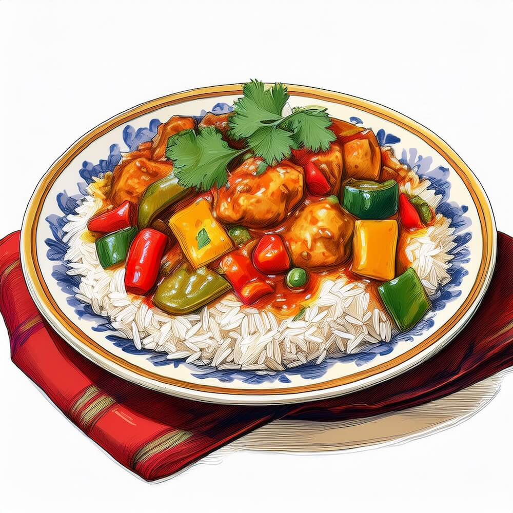 Watercolour sketch of a Portuguese chicken curry with mixed peppers, jasmine rice and coriander