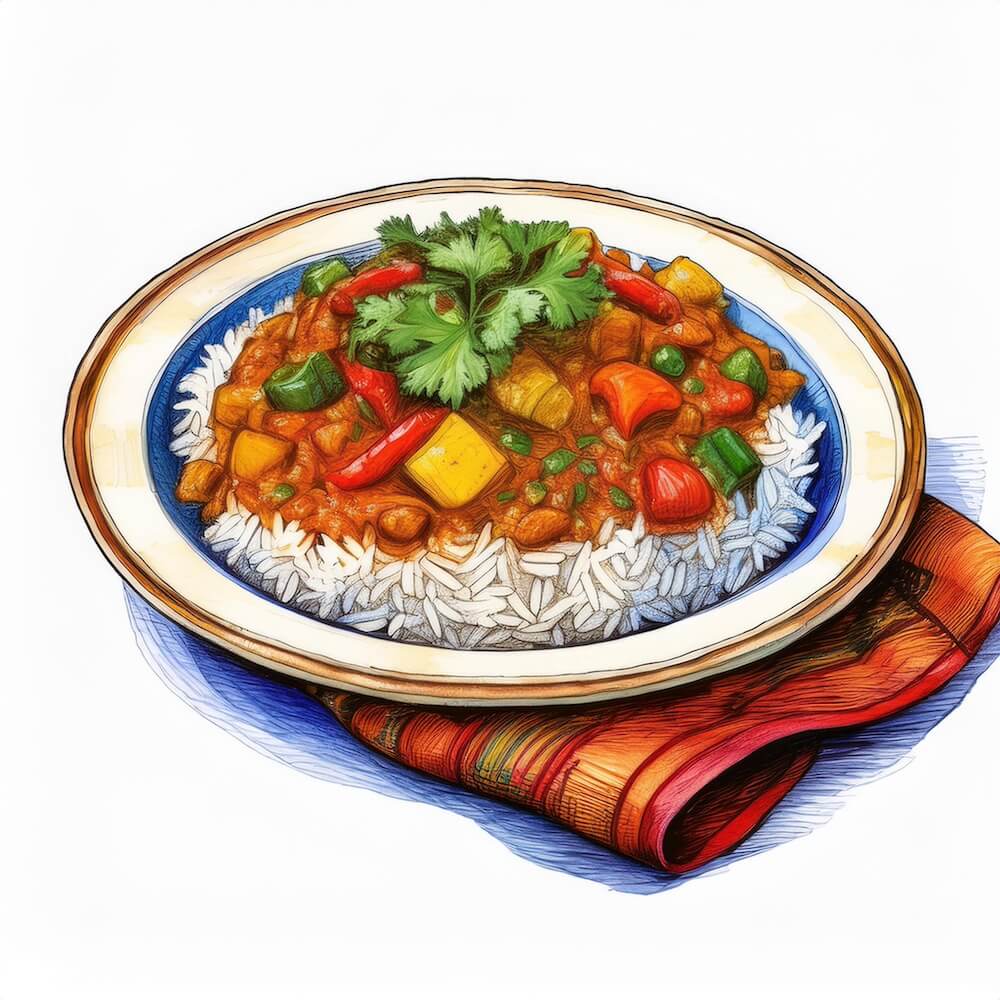 Watercolour sketch of a plate of Portuguese vegetable curry with mixed peppers, jasmine rice and coriander