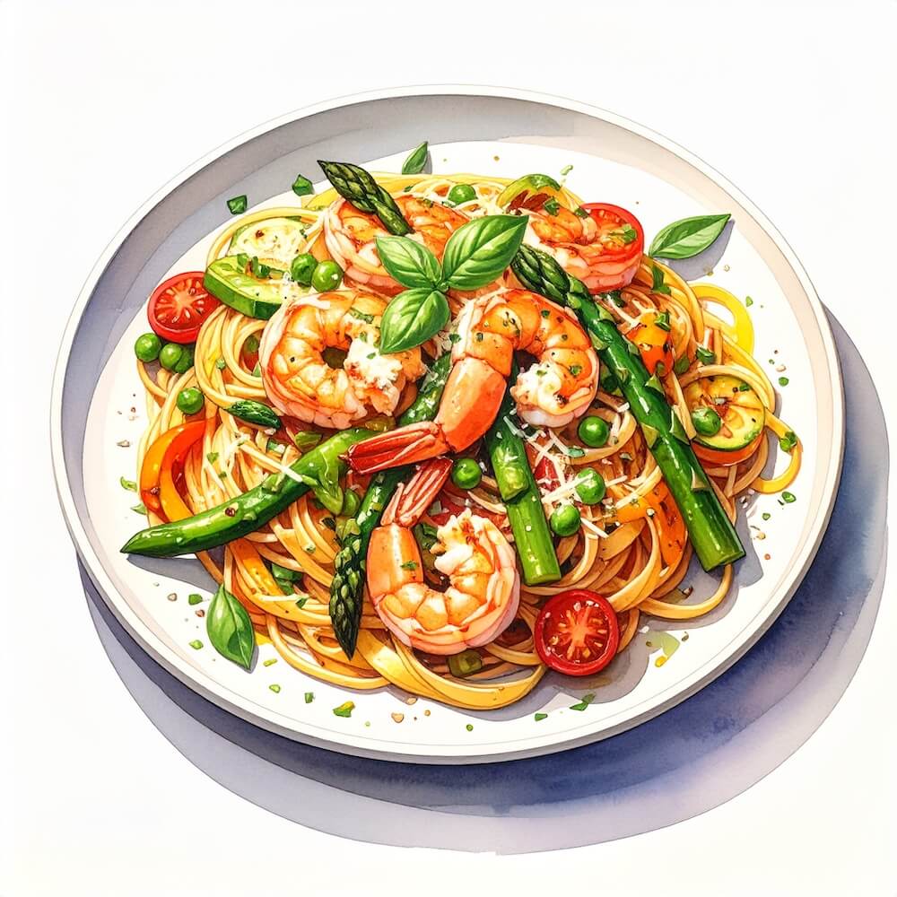 Spaghetti primavera with spring veg, topped with grilled prawns and parmesan