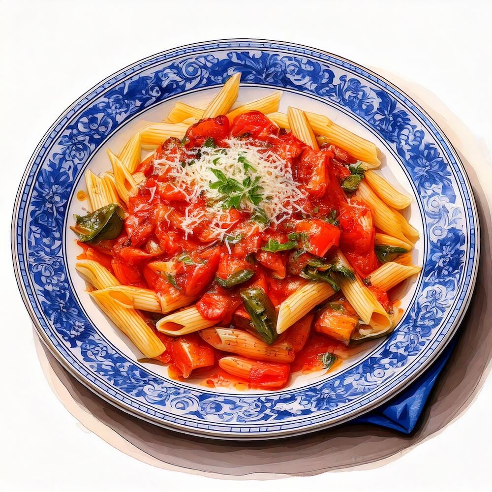 Watercolour sketch of a plate of roast Mediterranean vegetables with marinara sauce, penne pasta and parmesan
