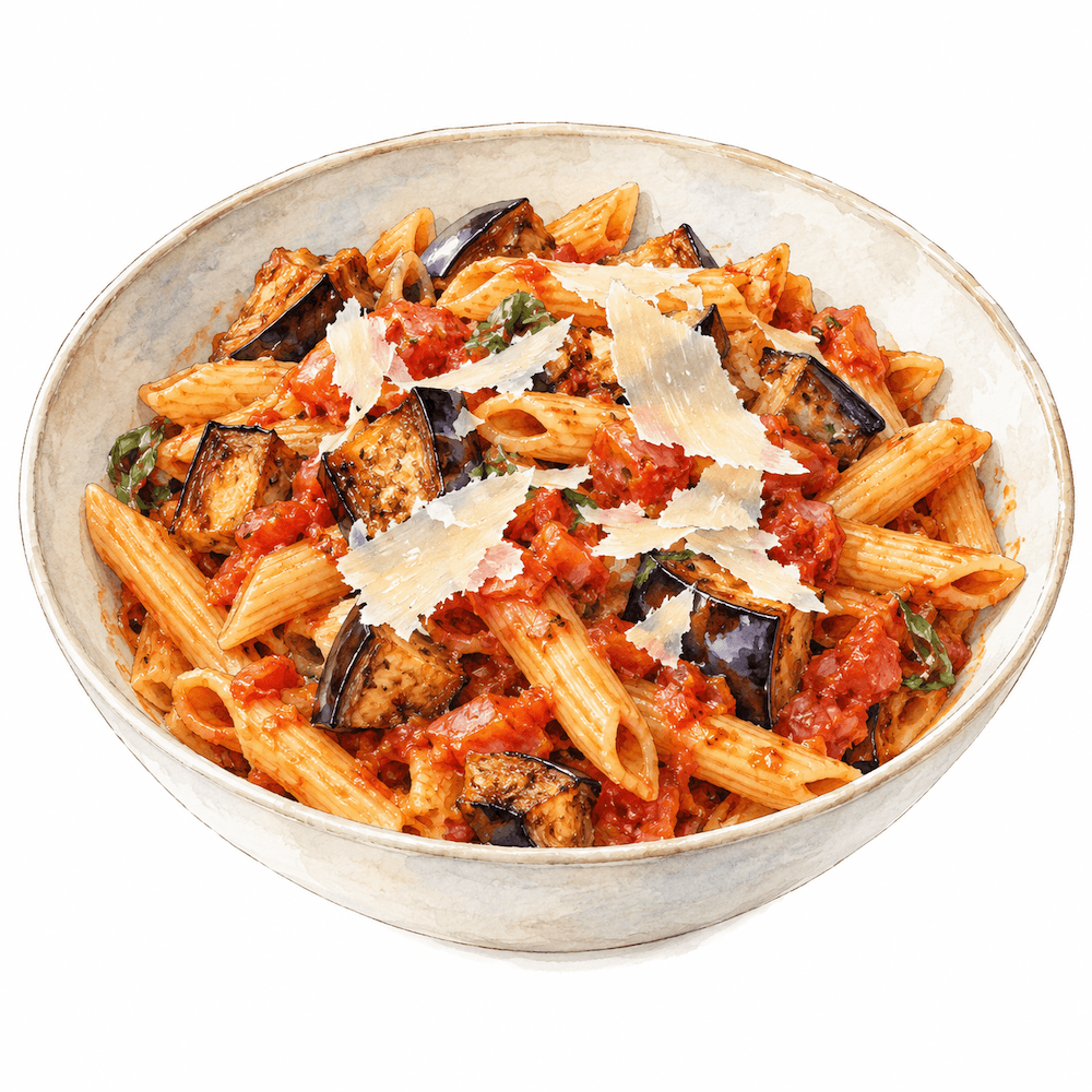 Roast aubergine and tomato penne with parmesan (v)