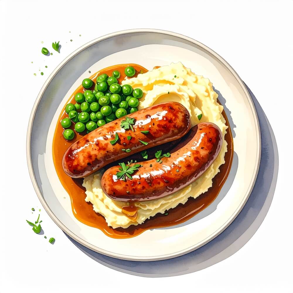 Cumberland sausage with mashed potatoes, peas and red wine gravy