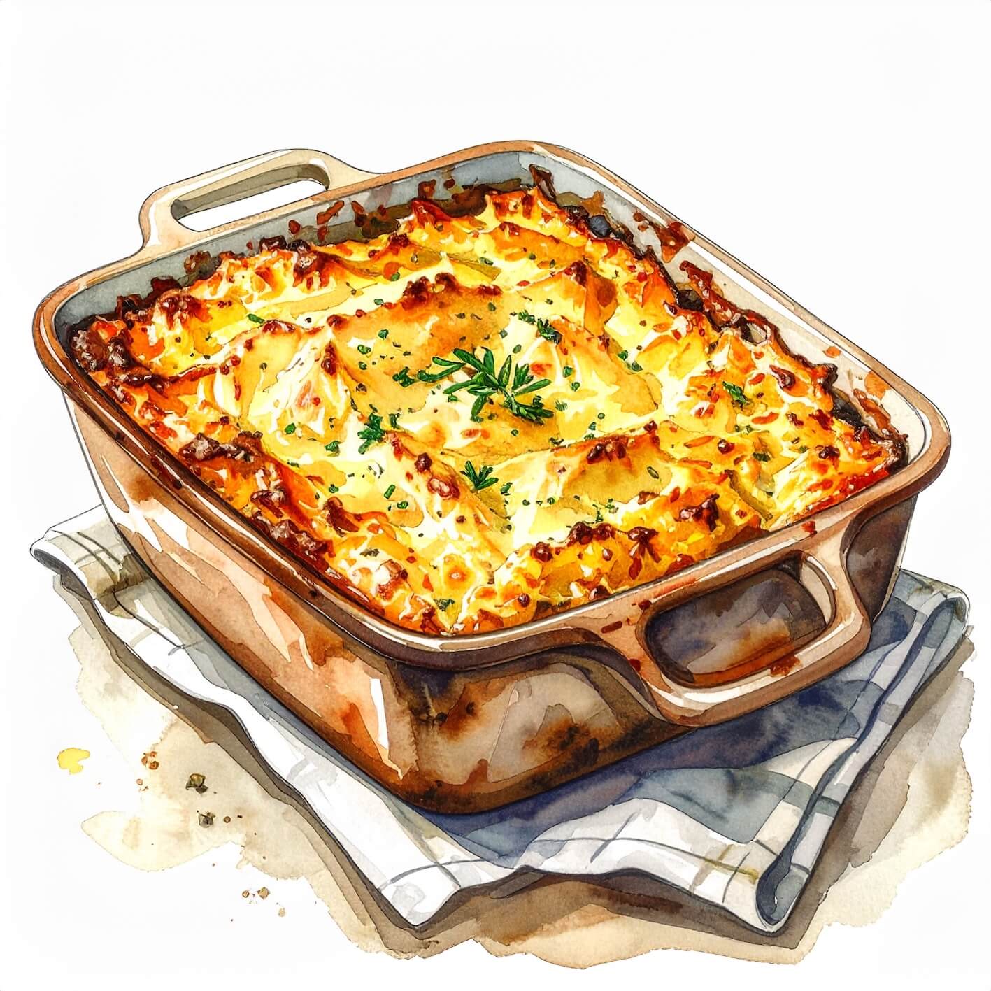 Watercolour sketch of an oven dish with shepherd's pie