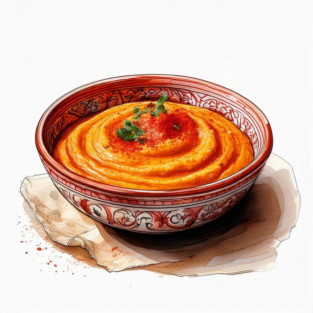 Watercolour sketch of a bowl of smokey paprika hummus